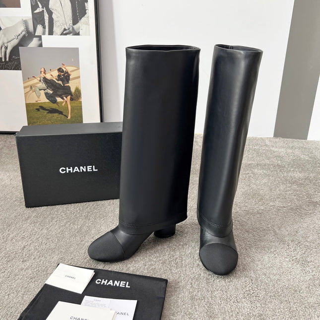 CHANEL 25S HIGH BOOTS 55MM IN BLACK CALFSKIN AND CANVAS GOLD HARDWARE
