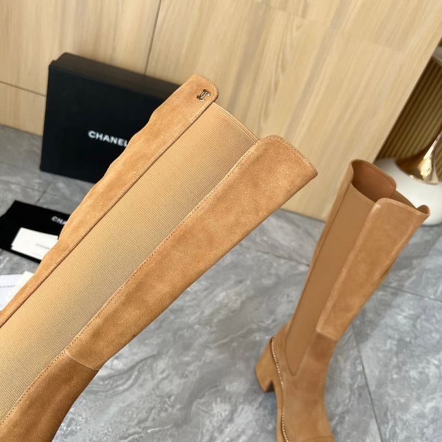 CHANEL HIGH BOOTS 8.5CM IN CARAMEL BROWN SUEDE