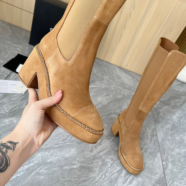 CHANEL HIGH BOOTS 8.5CM IN CARAMEL BROWN SUEDE