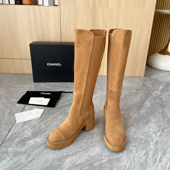 CHANEL HIGH BOOTS 8.5CM IN CARAMEL BROWN SUEDE