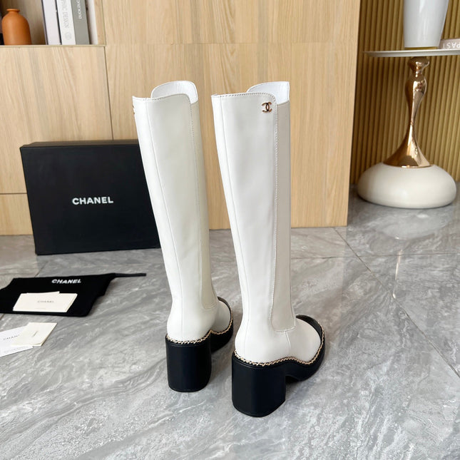 CHANEL 25S HIGH BOOTS STRETCHY SHAFT 85MM IN WHITE MIX BLACK CALFSKIN GOLD HARDWARE