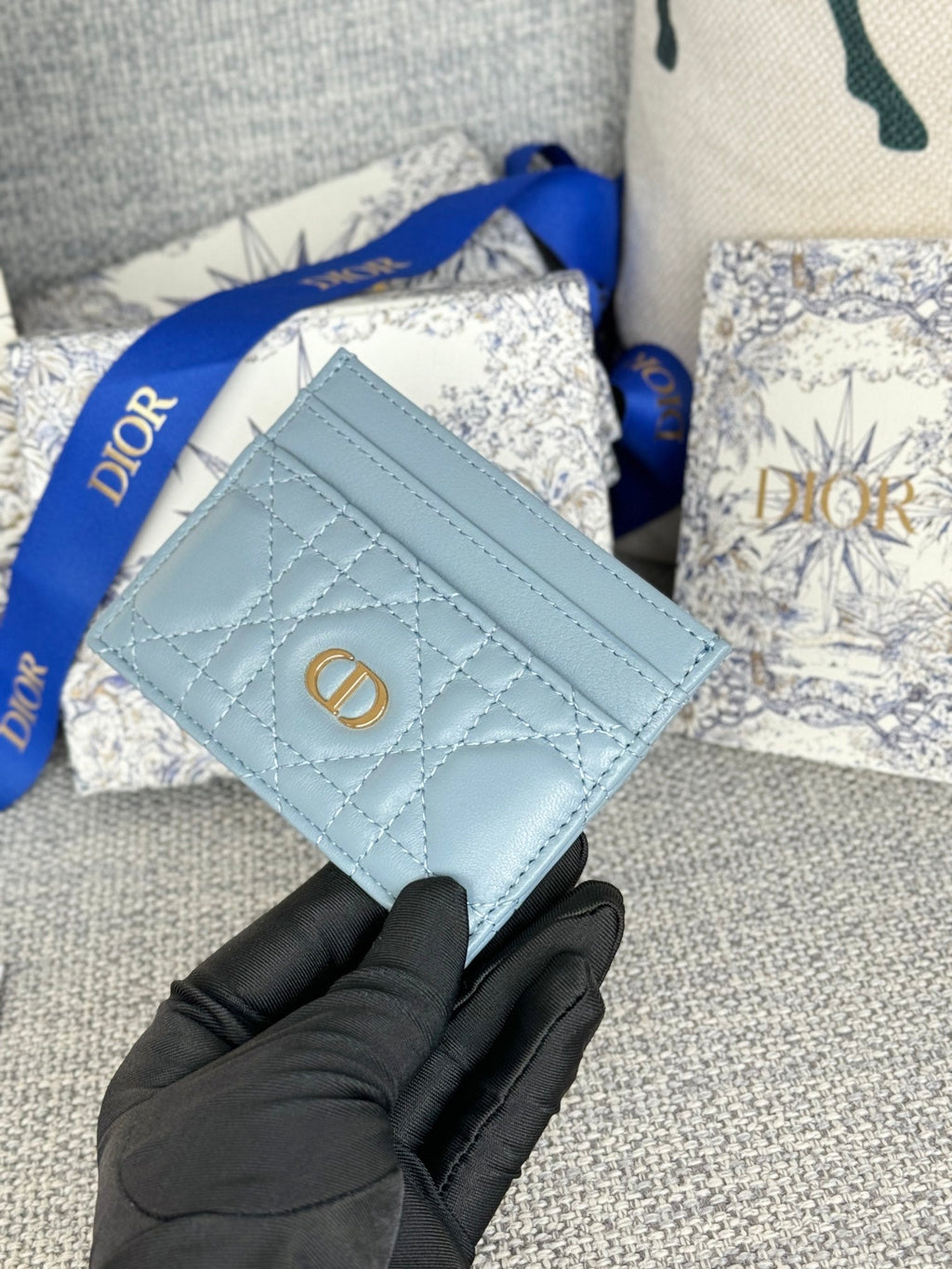 CARO FREESIA CARD HOLDER 10 IN BABY BLUE CANNAGE CALFSKIN