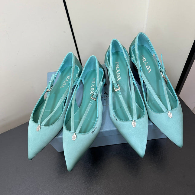 CUT-OUT BALLERINA FLAT IN TURQUOISE BLUE SATIN ATTACHED BEAD BUCKLE