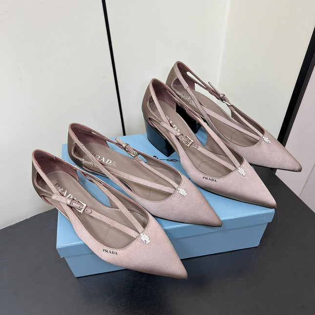 CUT-OUT PUMPS WITH BEAD BUCKLE IN HAZELNUT BEIGE SATIN