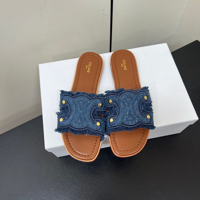 CELINE FLAT SANDALS IN BLUE TRIOMPHE DENIM