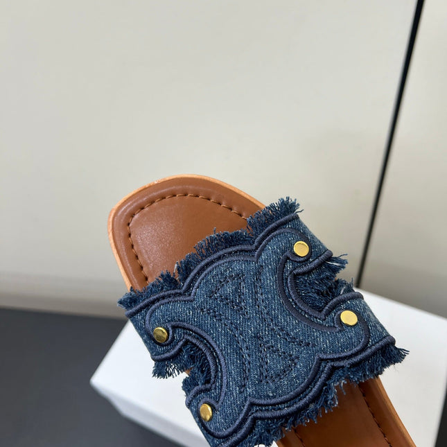 CELINE FLAT SANDALS IN BLUE TRIOMPHE DENIM
