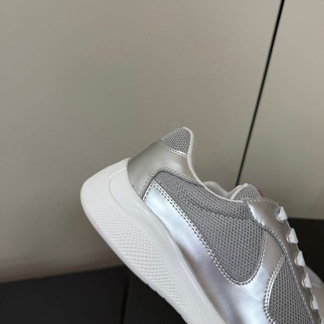 PRADA 26S SNEAKERS IN SILVER CALFSKIN AND WHITE MESH