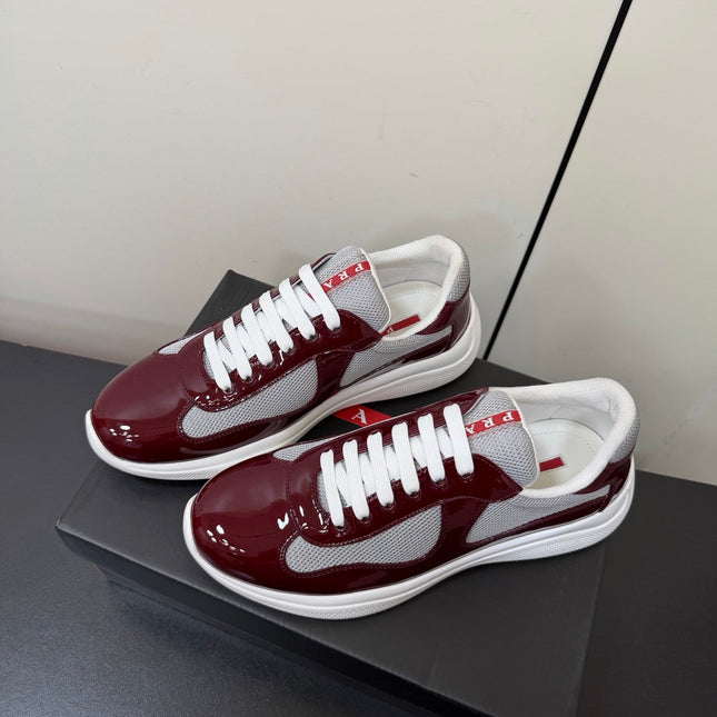 PRADA 26S SNEAKERS IN BURGUNDY RED PATENT CALFSKIN AND WHITE MESH