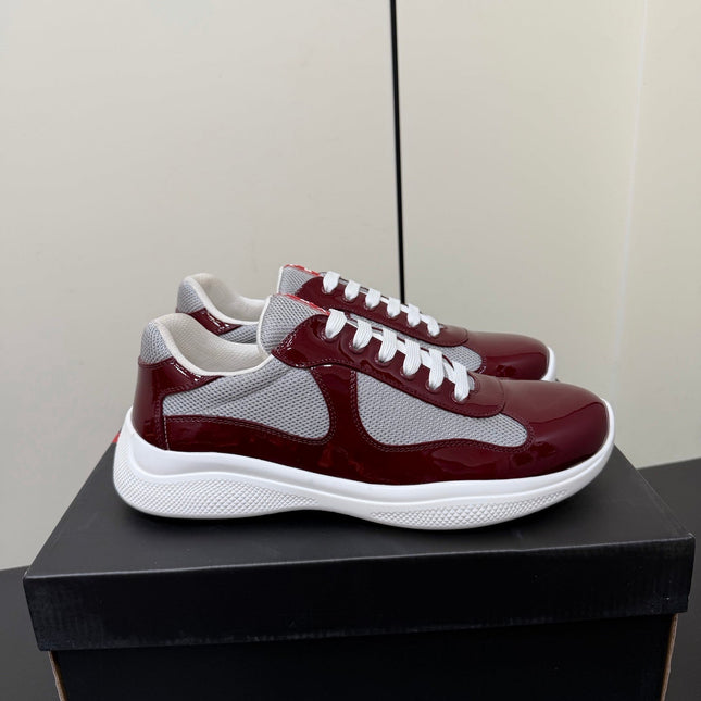 PRADA 26S SNEAKERS IN BURGUNDY RED PATENT CALFSKIN AND WHITE MESH