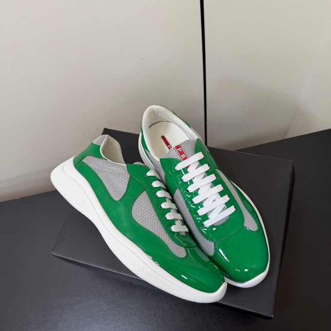 PRADA 26S SNEAKERS IN GREEN PATENT CALFSKIN AND WHITE MESH