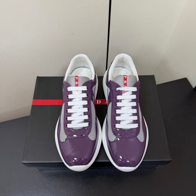 PRADA 26S SNEAKERS IN PLUM PURPLE PATENT CALFSKIN AND WHITE MESH