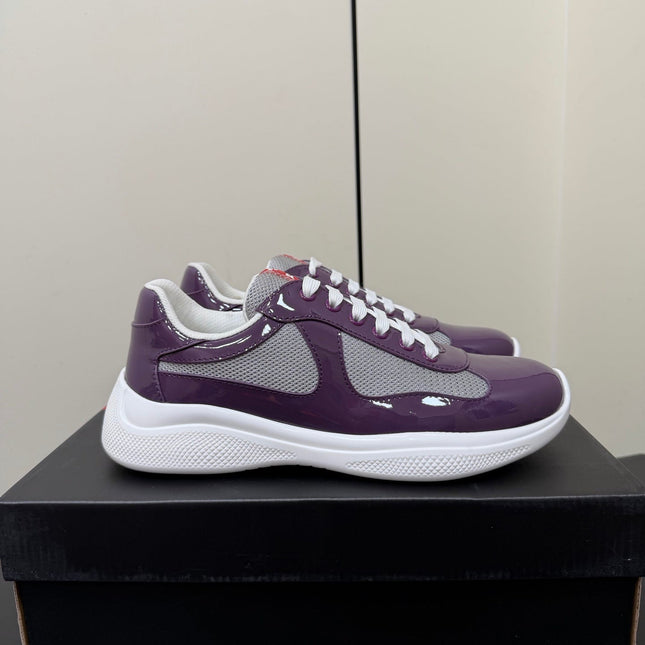 PRADA 26S SNEAKERS IN PLUM PURPLE PATENT CALFSKIN AND WHITE MESH