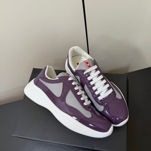 PRADA 26S SNEAKERS IN PLUM PURPLE PATENT CALFSKIN AND WHITE MESH