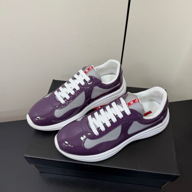 PRADA 26S SNEAKERS IN PLUM PURPLE PATENT CALFSKIN AND WHITE MESH