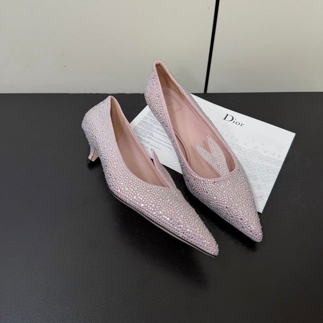 DIOR 26S POINTED-TOE HIGH HEELS 35MM IN PINK SUEDE CRYSTAL