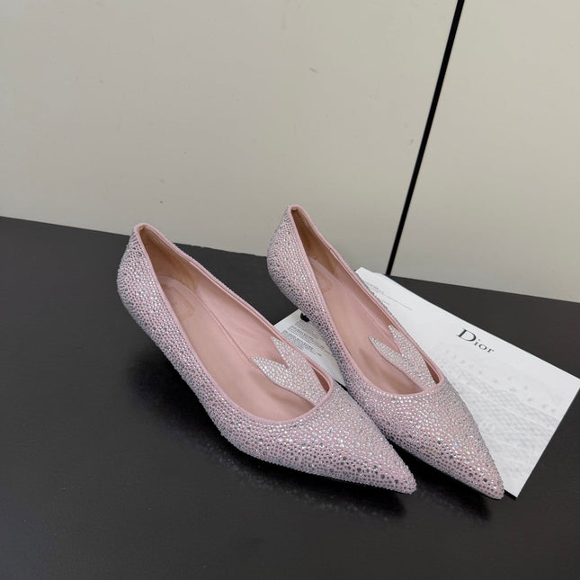 DIOR 26S POINTED-TOE HIGH HEELS 35MM IN PINK SUEDE CRYSTAL