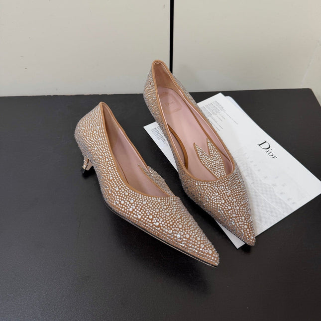 DIOR 26S POINTED-TOE HIGH HEELS 35MM IN NUDE SUEDE CRYSTAL