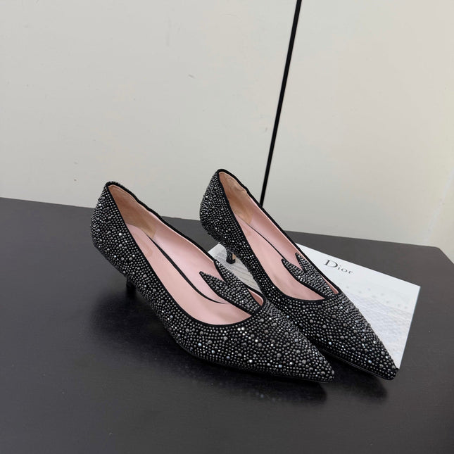 DIOR 26S POINTED-TOE HIGH HEELS 35MM IN BLACK SUEDE CRYSTAL