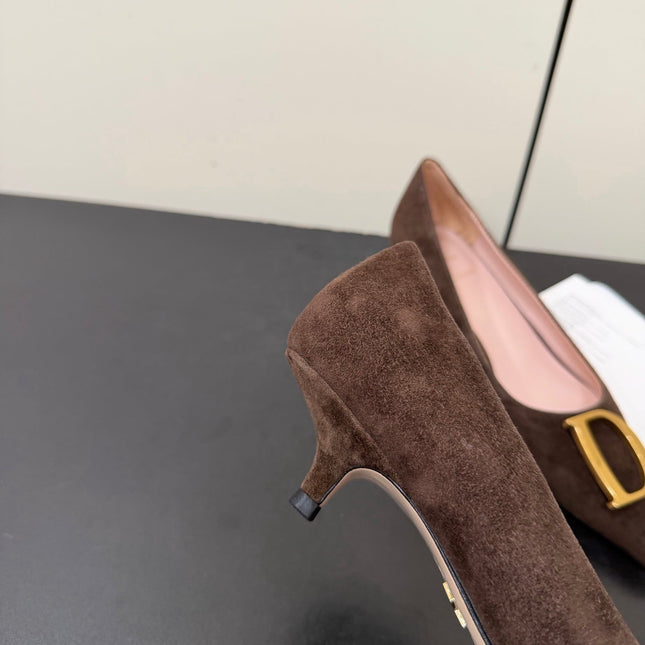 DIOR 26S POINTED-TOE HIGH HEELS 35MM IN DARK BROWN SUEDE GOLD HARDWARE