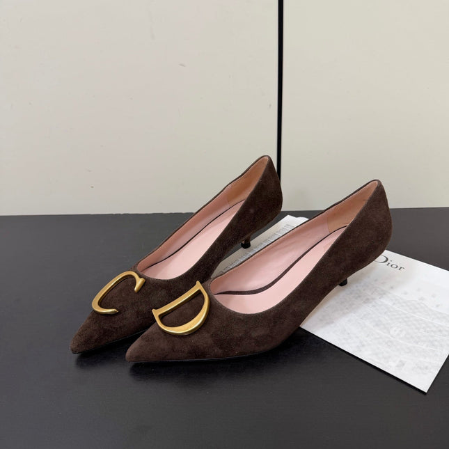 DIOR 26S POINTED-TOE HIGH HEELS 35MM IN DARK BROWN SUEDE GOLD HARDWARE