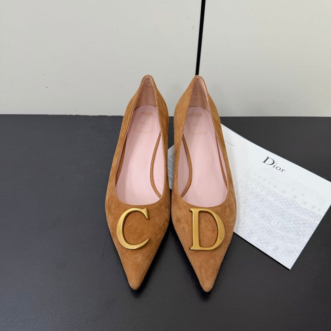 DIOR 26S POINTED-TOE HIGH HEELS 35MM IN TAN BROWN SUEDE GOLD HARDWARE