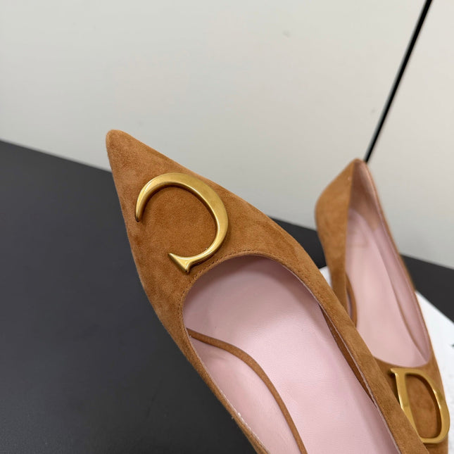 DIOR 26S POINTED-TOE HIGH HEELS 35MM IN TAN BROWN SUEDE GOLD HARDWARE