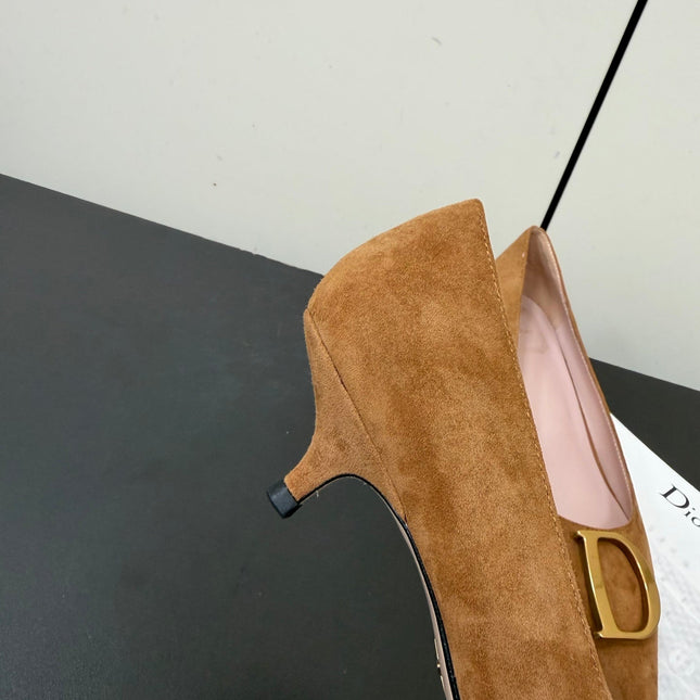 DIOR 26S POINTED-TOE HIGH HEELS 35MM IN TAN BROWN SUEDE GOLD HARDWARE