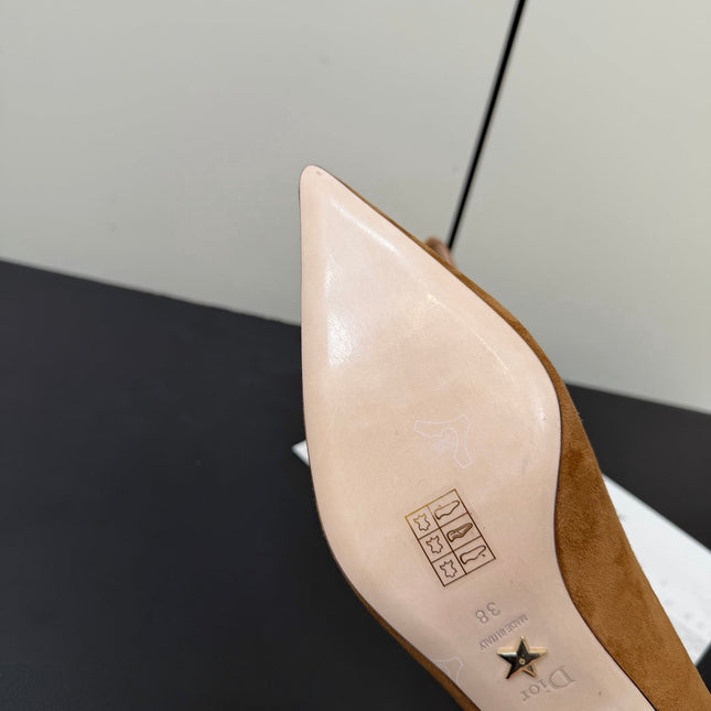 DIOR 26S POINTED-TOE HIGH HEELS 35MM IN TAN BROWN SUEDE GOLD HARDWARE