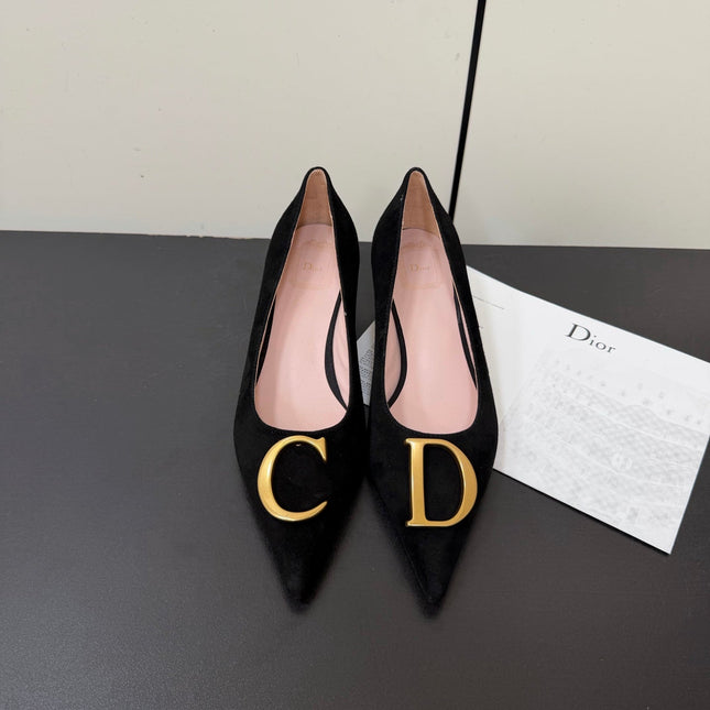 DIOR 26S POINTED-TOE HIGH HEELS 35MM IN BLACK SUEDE GOLD HARDWARE