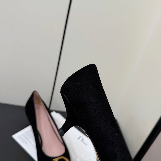 DIOR 26S POINTED-TOE HIGH HEELS 35MM IN BLACK SUEDE GOLD HARDWARE