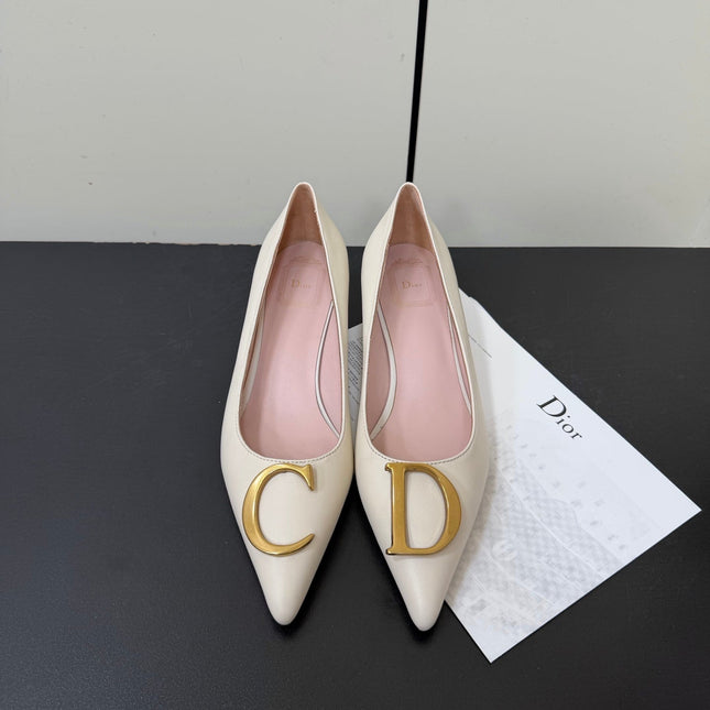 DIOR 26S POINTED-TOE HIGH HEELS 35MM IN CREAM WHITE CALFSKIN GOLD HARDWARE