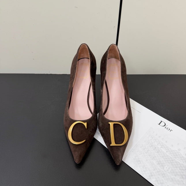 DIOR 26S POINTED-TOE HIGH HEELS 70MM IN DARK BROWN SUEDE GOLD HARDWARE