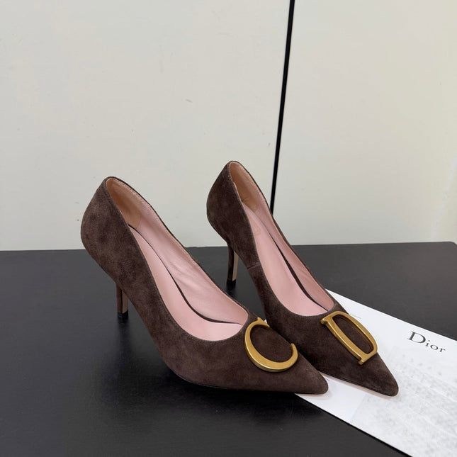 DIOR 26S POINTED-TOE HIGH HEELS 70MM IN DARK BROWN SUEDE GOLD HARDWARE