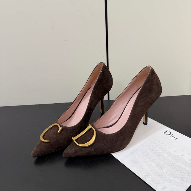 DIOR 26S POINTED-TOE HIGH HEELS 70MM IN DARK BROWN SUEDE GOLD HARDWARE