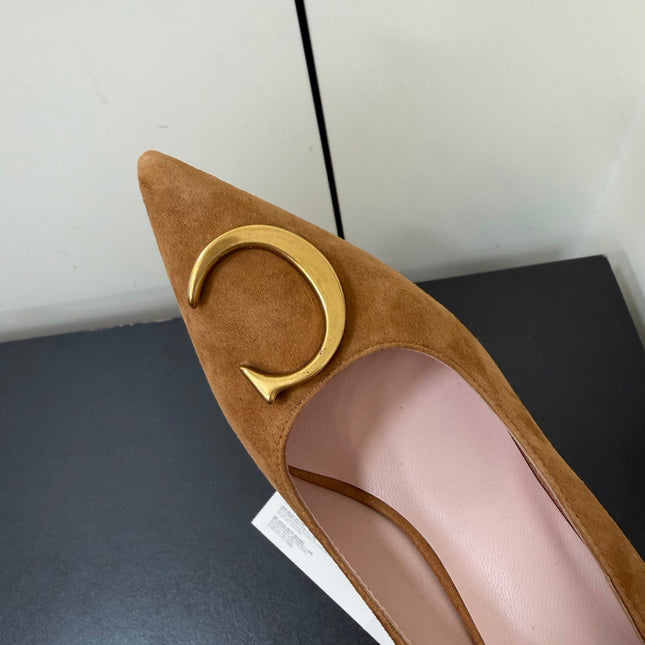 DIOR 26S POINTED-TOE HIGH HEELS 70MM IN TAN BROWN SUEDE GOLD HARDWARE