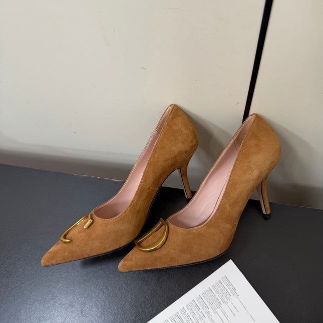 DIOR 26S POINTED-TOE HIGH HEELS 70MM IN TAN BROWN SUEDE GOLD HARDWARE