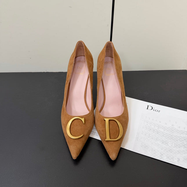 DIOR 26S POINTED-TOE HIGH HEELS 70MM IN TAN BROWN SUEDE GOLD HARDWARE