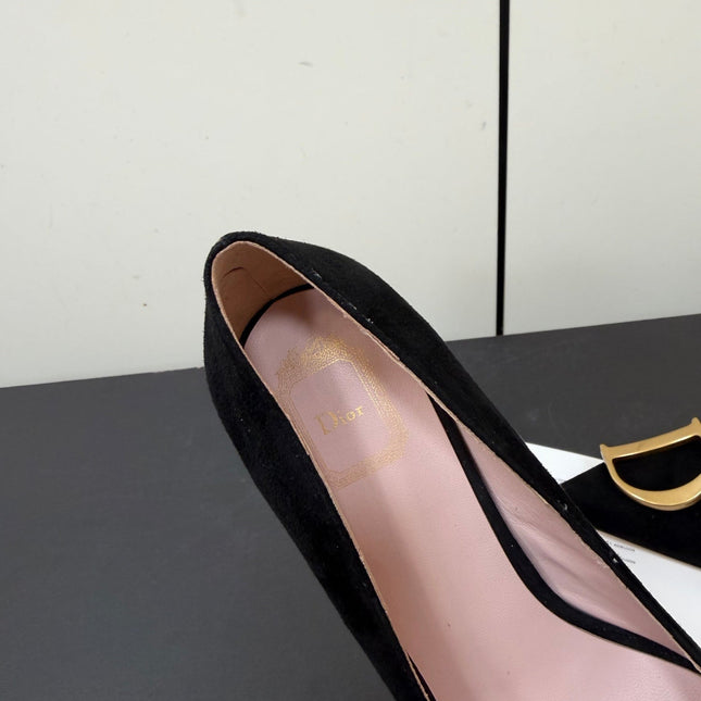 DIOR 26S POINTED-TOE HIGH HEELS 70MM IN BLACK SUEDE GOLD HARDWARE