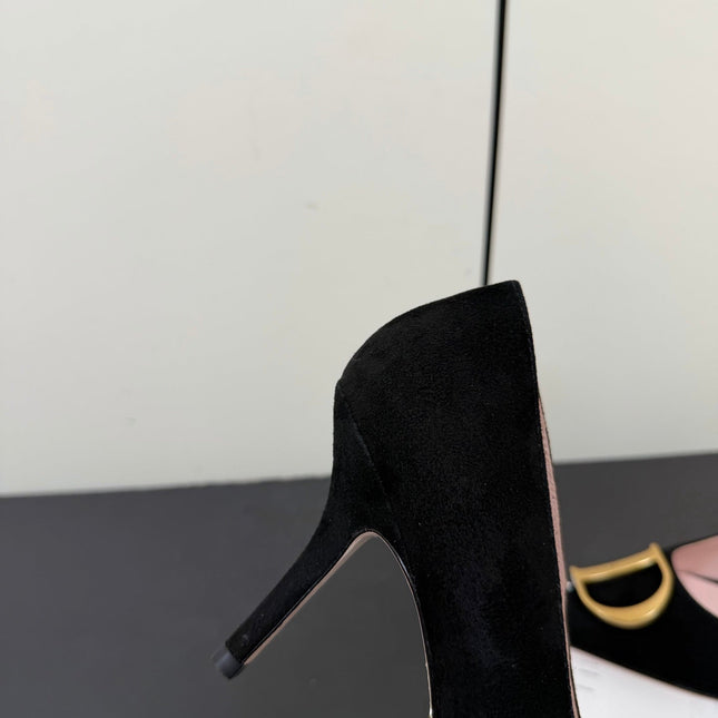 DIOR 26S POINTED-TOE HIGH HEELS 70MM IN BLACK SUEDE GOLD HARDWARE