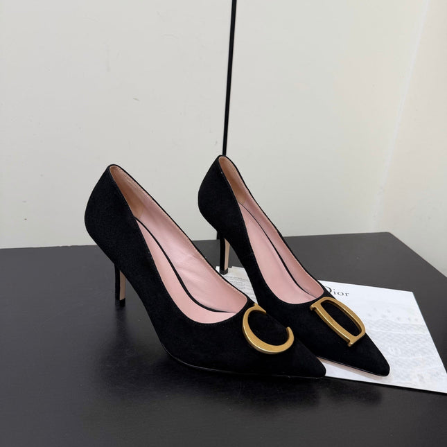 DIOR 26S POINTED-TOE HIGH HEELS 70MM IN BLACK SUEDE GOLD HARDWARE