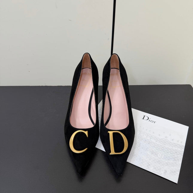 DIOR 26S POINTED-TOE HIGH HEELS 70MM IN BLACK SUEDE GOLD HARDWARE