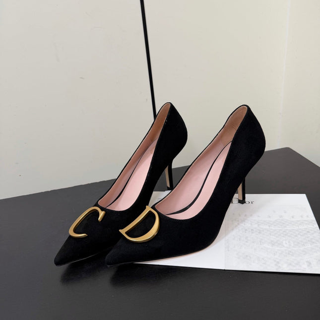 DIOR 26S POINTED-TOE HIGH HEELS 70MM IN BLACK SUEDE GOLD HARDWARE