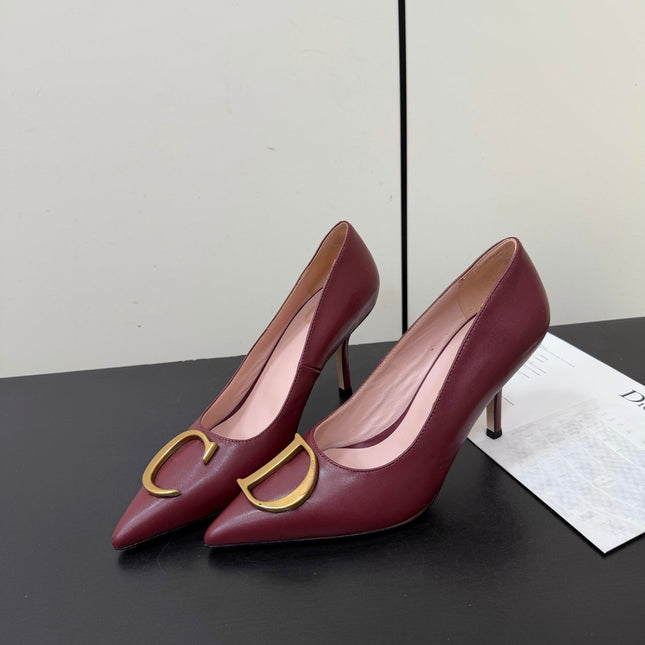 DIOR 26S POINTED-TOE HIGH HEELS 70MM IN DARK RED CALFSKIN GOLD HARDWARE