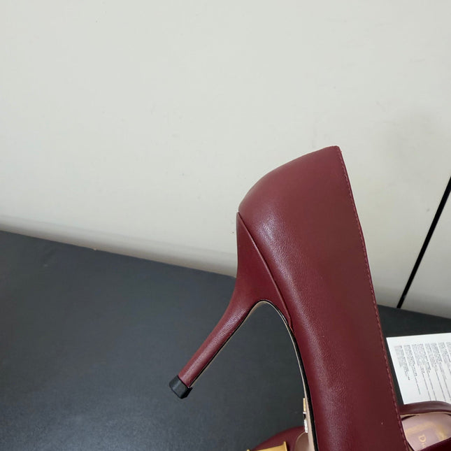DIOR 26S POINTED-TOE HIGH HEELS 70MM IN DARK RED CALFSKIN GOLD HARDWARE