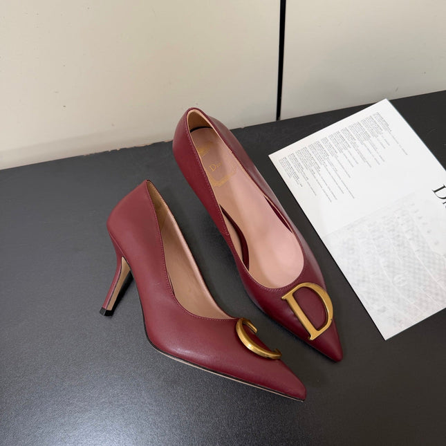 DIOR 26S POINTED-TOE HIGH HEELS 70MM IN DARK RED CALFSKIN GOLD HARDWARE