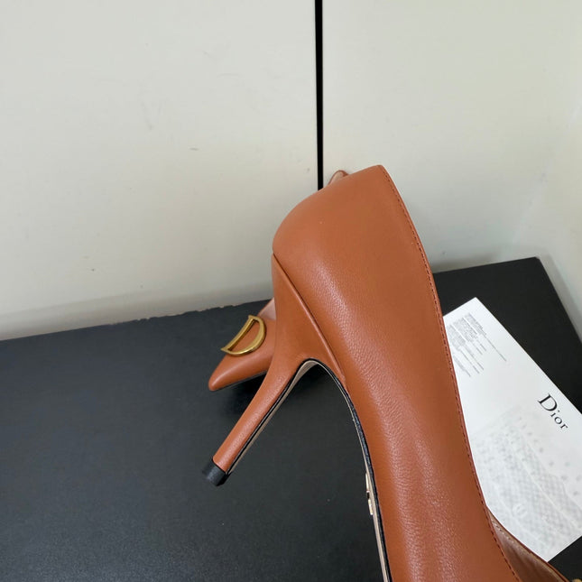 DIOR 26S POINTED-TOE HIGH HEELS 70MM IN RUST BROWN CALFSKIN GOLD HARDWARE