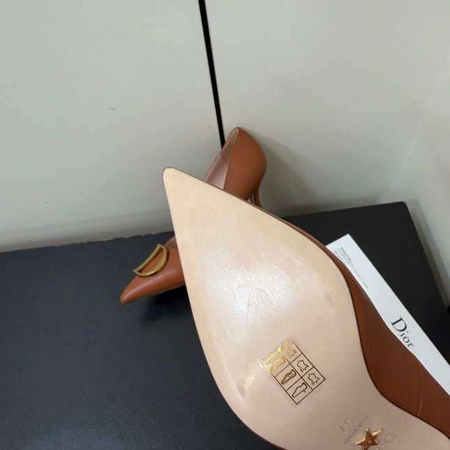 DIOR 26S POINTED-TOE HIGH HEELS 70MM IN RUST BROWN CALFSKIN GOLD HARDWARE