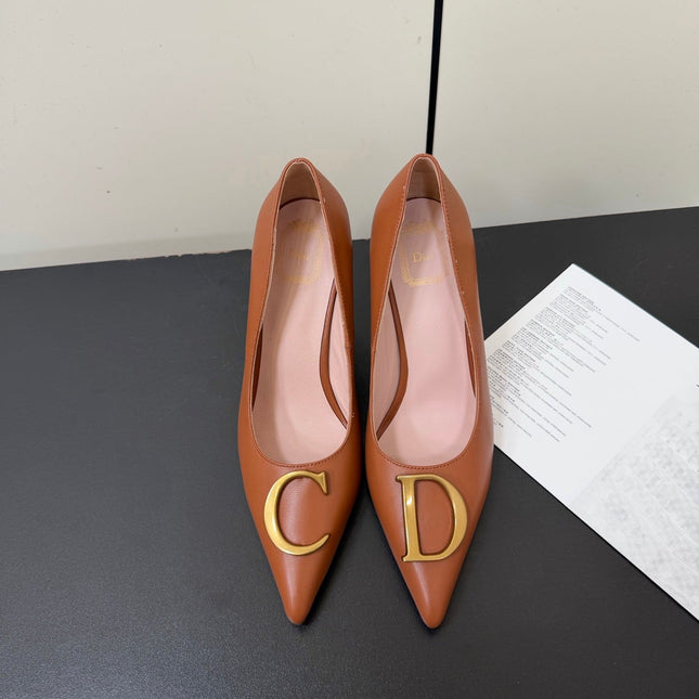 DIOR 26S POINTED-TOE HIGH HEELS 70MM IN RUST BROWN CALFSKIN GOLD HARDWARE
