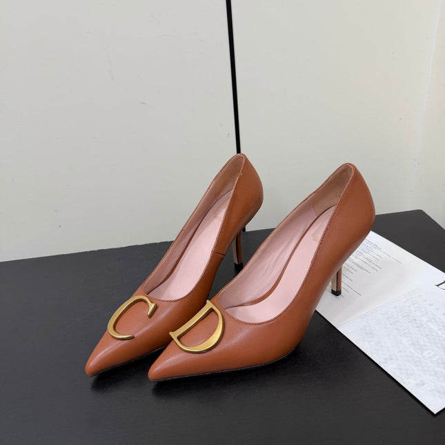 DIOR 26S POINTED-TOE HIGH HEELS 70MM IN RUST BROWN CALFSKIN GOLD HARDWARE