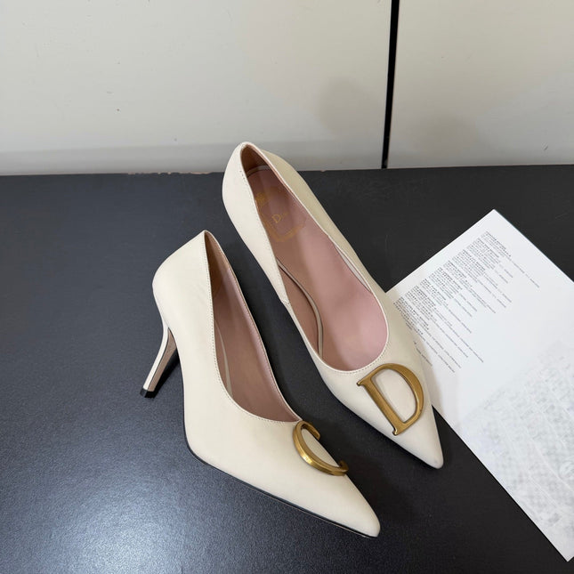 DIOR 26S POINTED-TOE HIGH HEELS 70MM IN CREAM WHITE CALFSKIN GOLD HARDWARE
